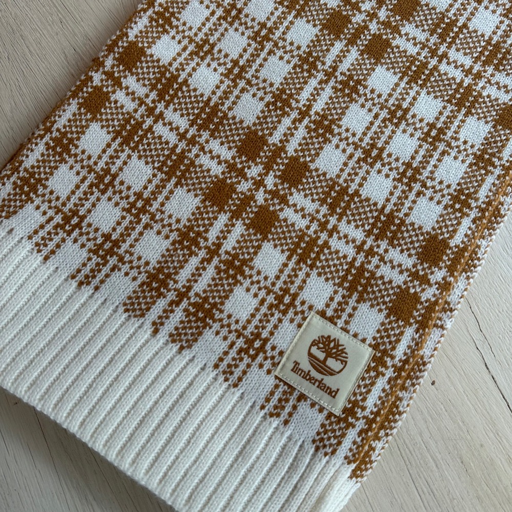 Timberland Plaid Knit Scarf Brown White Cozy Winter Warm‎ Accessory